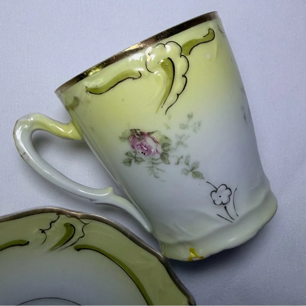Antique Porcelain Prussia Style Hand-Painted Yellow & Green Rose Teacup & Saucer